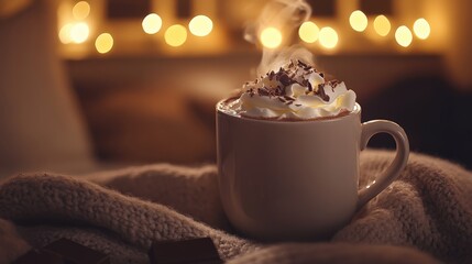 A cup of steaming hot chocolate topped with whipped cream and shaved chocolate