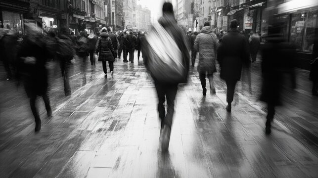 Fototapeta Blurred city street with people walking, urban life in motion, monochrome atmosphere.