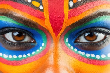 Colorful tribal face paint highlighting expressive eyes.