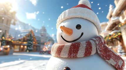 A cheerful snowman with a big smile and bright orange carrot nose stands proudly in a snowy winter landscape. Its red and white striped scarf contrast