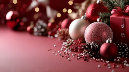 This enchanting holiday scene features shiny Christmas ornaments, pinecones, and festive elements arranged on a soft pink background. The warm tones a