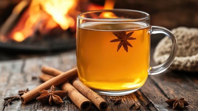 A hot mulled cider in a glass mug, with cinnamon sticks and star anise