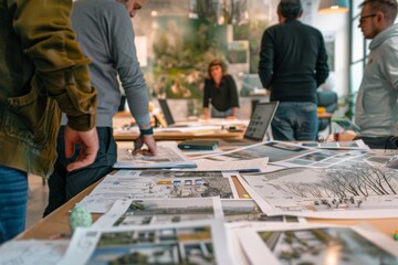 Five planners are having a planning meeting for a museum. There are texts, drawings, computers, etc. on the table