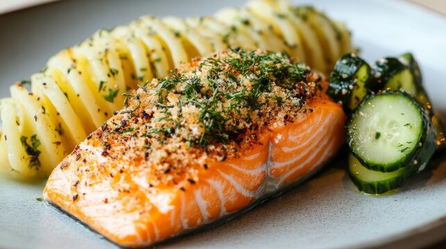 A nutritious Scandinavian dish with pickled cucumber and hassleback potatoes accompanied by a fish fillet with a herb coating.
