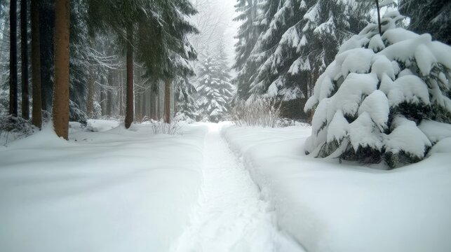 This tranquil winter scene captures a snow-covered pathway winding through tall, snow-laden pine trees. The serene atmosphere radiates calm, with fluf
