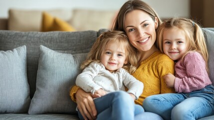 Fototapeta premium A young mother spends time with her little daughters at home.