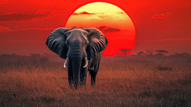 Majestic elephant against sunset sky.