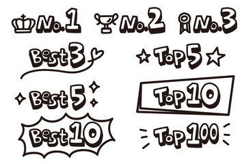 ランキングアイコンのイラスト（Best、Top、No.）のセット（手描き・モノクロ）