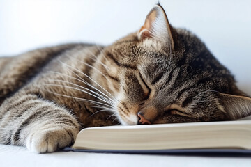 A cat sleeping on an open book, peaceful and content expression, close-up shot, white background.