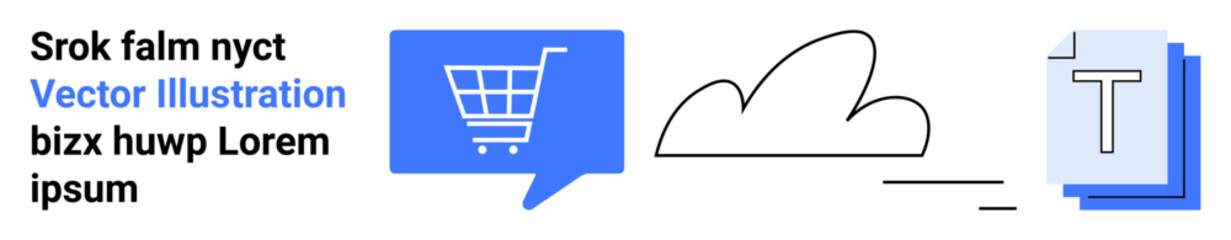 Shopping cart in blue speech bubble, cloud symbol, text document in blue layers. Ideal for e-commerce, cloud storage, content creation, digital business, online communication, data management, web