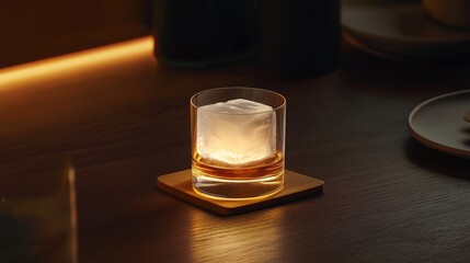 A whiskey tumbler with a single large ice cube, placed on a dark wooden table with warm lighting