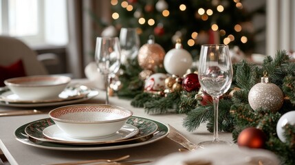 This image features an elegantly set Christmas dinner table adorned with fine dishware, sparkling ornaments, and lush green garlands. The background h