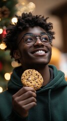 Naklejka premium A young man with curly hair smiles broadly as he holds a chocolate chip cookie, immersed in the joyful atmosphere of New Year's Eve celebrations