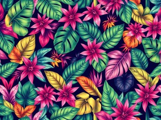 Vibrant seamless tropical pattern with lush exotic leaves and plants, perfect for clothing or home decor, jungle
