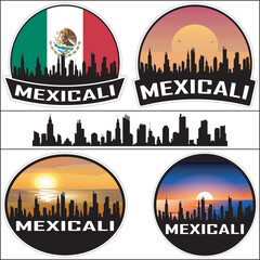 Obraz premium Mexicali Skyline Mexico Flag Cityscape Silhouette Travel Souvenir Sticker Sunset Isolated Vector