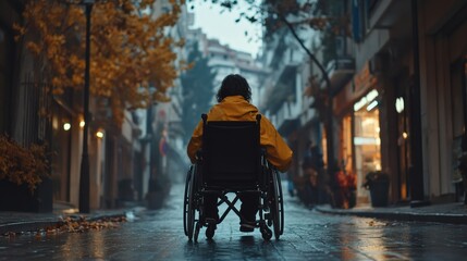 Obraz premium A Person in Wheelchair Navigating City Street, selective focus
