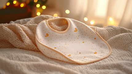 A cozy nursery setting featuring a soft baby bib on a textured blanket with warm lights