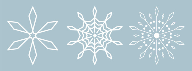 Simple white ice snowflake on blue background. Snowflake icons set. Crystals, Christmas, new year. Winter symbol.
