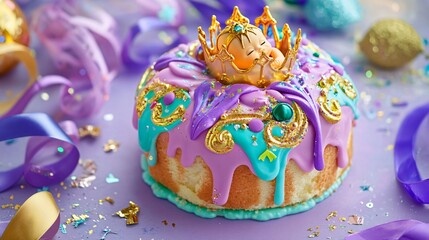 Brightly colored King Cake with golden baby figurine on a lavender background, with ribbons and party accents