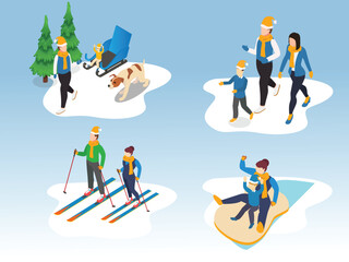 Winter Family Activities and Outdoor Fun 3d isometric vector illustration