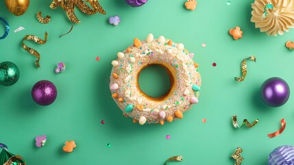 Classic ring-shaped King Cake with cinnamon filling on a green background, surrounded by Mardi Gras decor