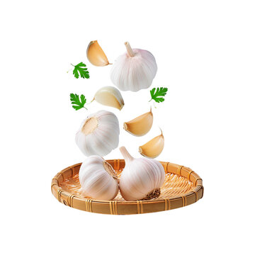 Falling garlic with slices on transparent background