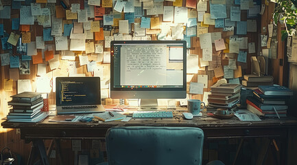 A cluttered desk with an open notebook, computer, and coffee mug on it, scattered papers, and post-it notes stuck to the wall behind it.