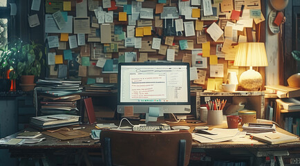 A cluttered desk with an open notebook, computer, and coffee mug on it, scattered papers, and...