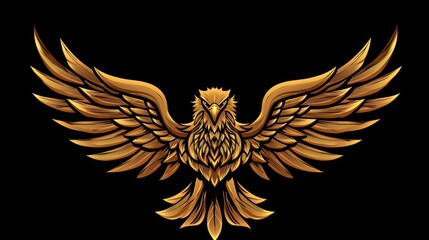 Fototapeta premium A golden eagle with its wings spread wide, soaring against a black background.