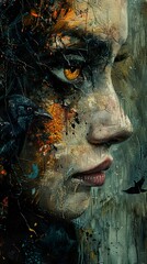 Fototapeta premium Abstract Portrait of a Woman with a Raven: A Surreal and Emotional Artwork