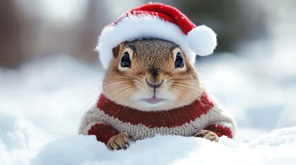 A cute squirrel wearing a red and white knitted sweater and a Santa hat sits in the snow. Its expressive eyes convey warmth and curiosity. The soft te