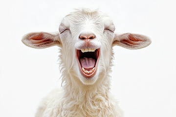 Fototapeta premium Goat Isolated on White Background: Portrait of a Cute funny Goat Laughing, Lamb, Funny animals
