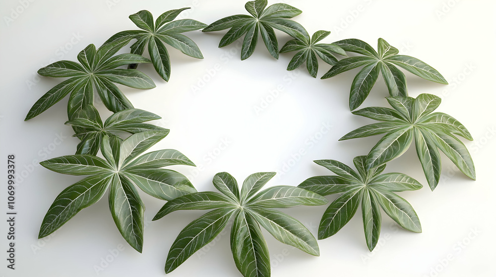Wall mural green leaves arranged in a circle on a white background, creating a frame with copy space in the cen