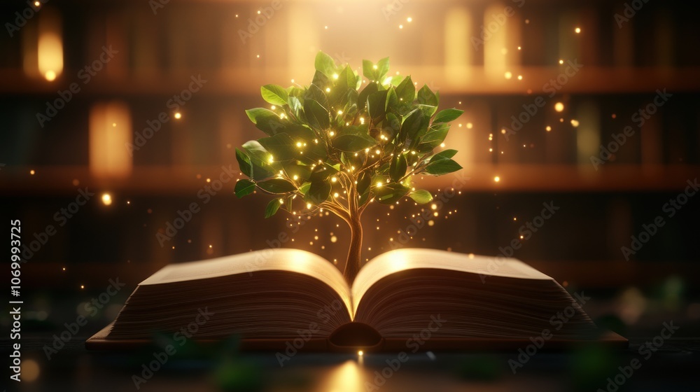 Poster a book blooms into a tree of knowledge and imagination