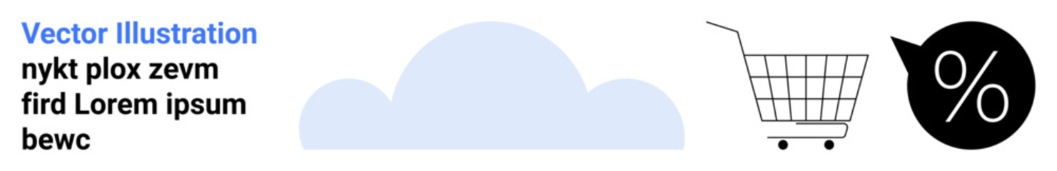A minimalist design with a light blue cloud, shopping cart, and black discount icon. Ideal for e-commerce, sales, and business promotions. Banner for landing page