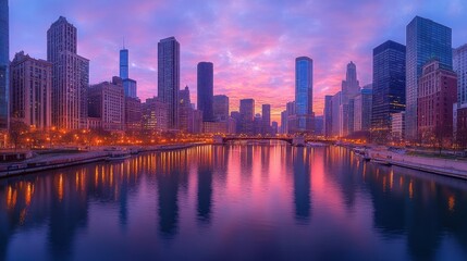 A panoramic view of a cityscape at sunrise with the city skyline reflected in the water.