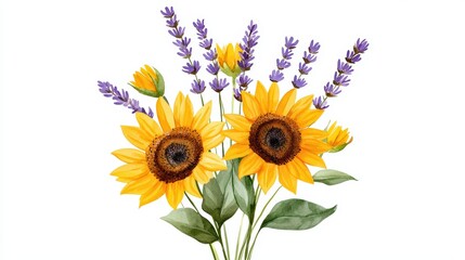 Watercolor Wildflower Bouquet with Sunflowers and Lavender