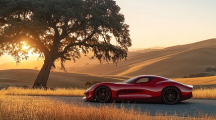 Fototapeta premium Red sports car parked on a winding road with a large oak tree in the background. The sun is setting in the distance and casting a golden glow over the landscape.