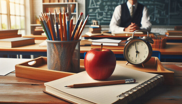Organized school desk setup with pencils, apple, and clock, symbolizing education and classroom learning environment