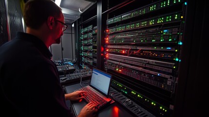Server Room Technician Working on Network