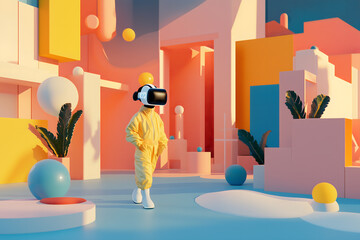 A person wearing a virtual reality headset walks through a lively and colorful environment. Generative AI