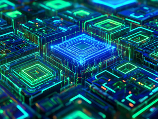 Futuristic geometric grid pattern, in style of sci-fi digital art, 3D wireframe visuals with glowing neon blue and green circuits, complex shapes overlapping, immersive, high-tech, intricate, sleek