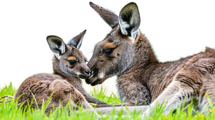Fototapeta premium A Heartwarming Scene of a Kangaroo and Her Baby Standing Out Against the White Background