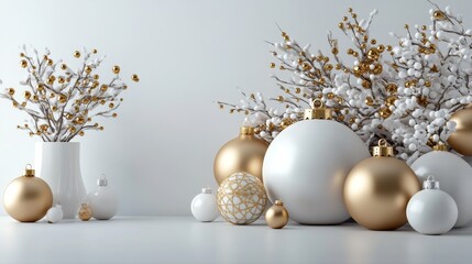 Fototapeta premium A beautiful arrangement of golden and white ornaments, including large and small round shapes, with a tree branch featuring gold berries. The backgrou