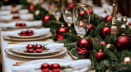 A festive table setting, The table is adorned with lush green garlands interspersed with baubles, a vibrant and celebratory atmosphere. Elegant gold cutlery is neatly arranged alongside white plates.