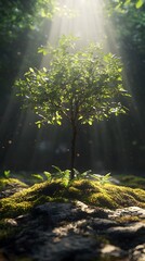 Obraz premium A serene and beautiful tree growing on mossy ground, bathed in sunlight with rays of light shining through the leaves, creating an atmosphere of tranquility and natural beauty.