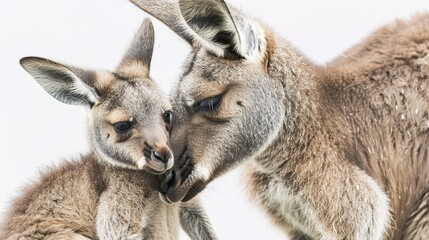 Fototapeta premium A Heartwarming Scene of a Kangaroo and Her Baby Standing Out Against the White Background