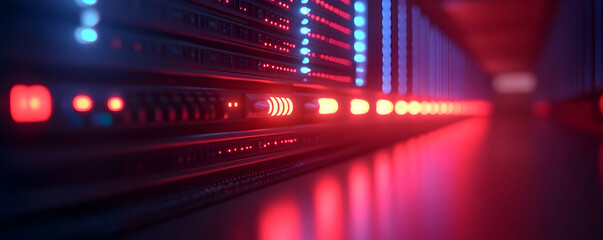 Close-up of a Server Rack with Red and Blue Indicator Lights, Showing a Network Connection and a Data Center Environment