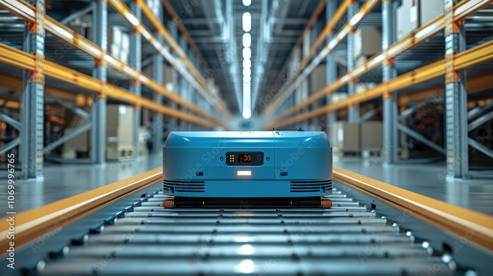 Poster Automated pallet radio shuttle with blue color, futuristic.