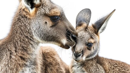 Fototapeta premium A Heartwarming Scene of a Kangaroo and Her Baby Standing Out Against the White Background